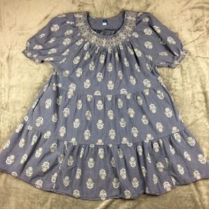 Old Navy Dress 2X Tiered Blue Flowers Midi Puff Sleeve Smocked Pockets Summer